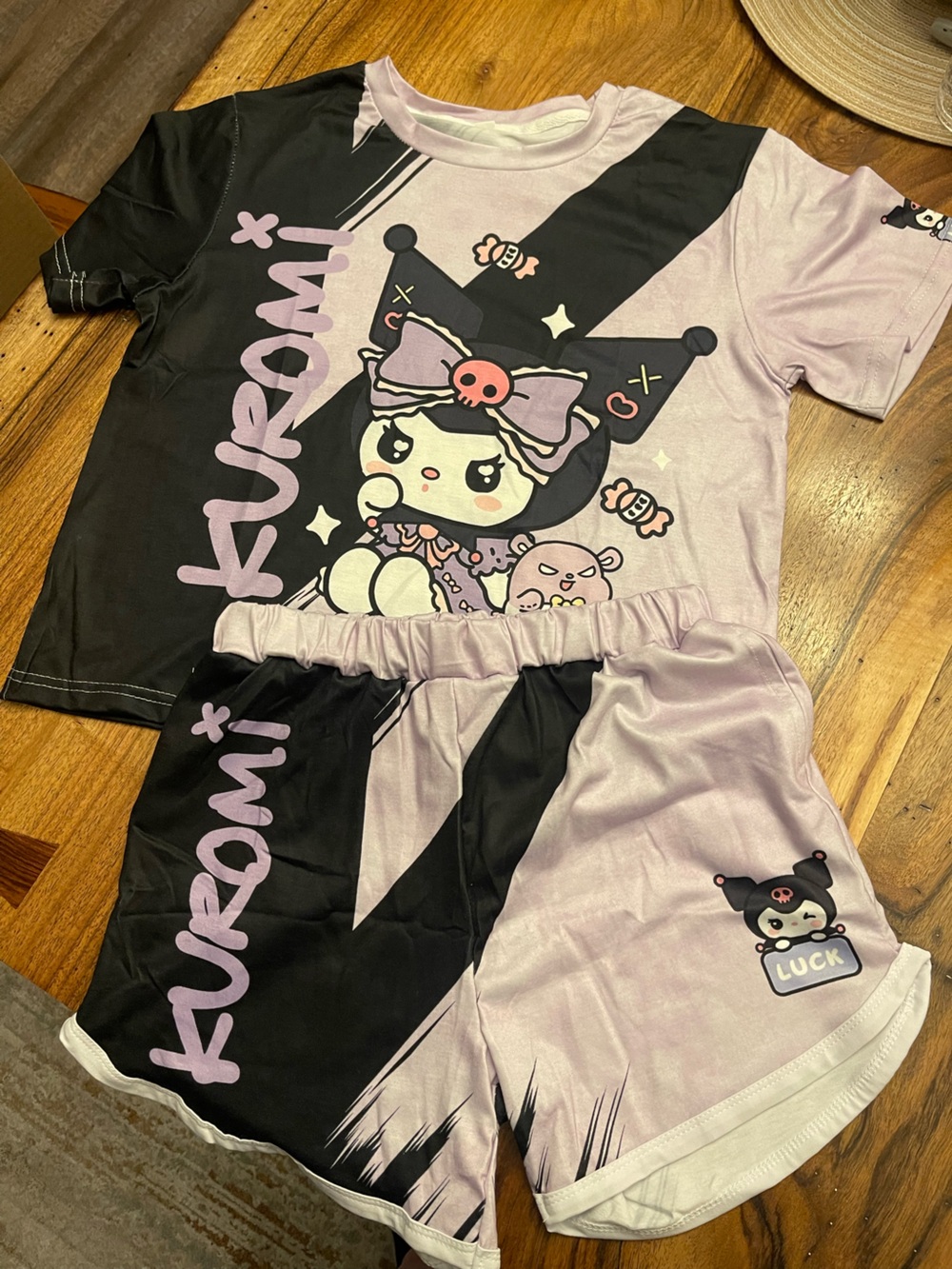 Kuromi Black and Lavender Graphic Tee and Shorts Set Size 13/14 Juniors